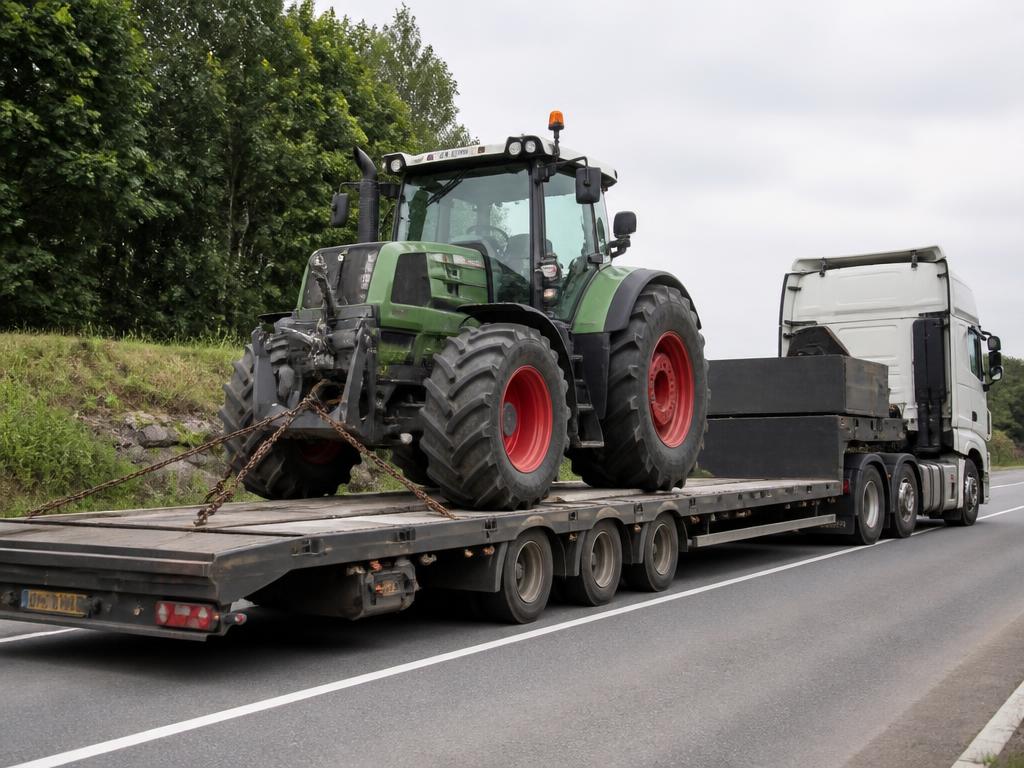 Tracteur agricole chargé sur un porte-char